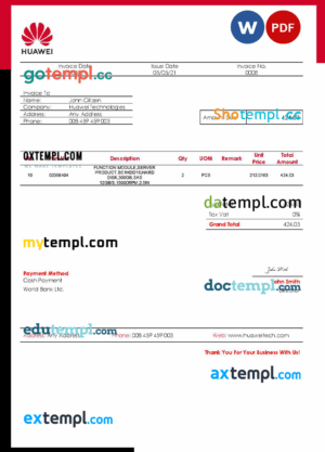 sample USA Huawei invoice template in Word and PDF format, fully editable download