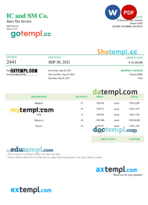 sample USA IC and SM Co. invoice template in Word and PDF format, fully editable download