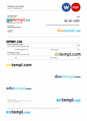 sample USA Instagram invoice template in Word and PDF format, fully editable download