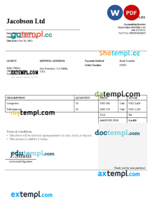 sample USA Jacobson Ltd invoice template in Word and PDF format, fully editable download
