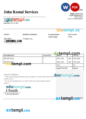 sample USA John Rental Services invoice template in Word and PDF format, fully editable download