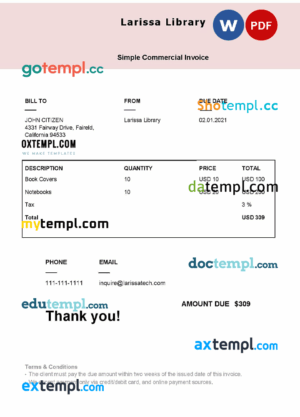 sample USA Larissa Library invoice template in Word and PDF format, fully editable download