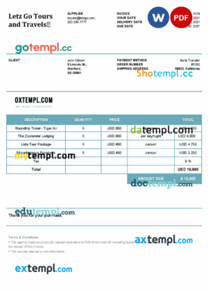 sample USA Letz Go Tours and Travels invoice template in Word and PDF format, fully editable download