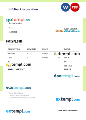sample USA Lifeline Corporation invoice template in Word and PDF format, fully editable, version 1 download