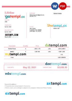 sample USA Lifeline Corporation invoice template in Word and PDF format, fully editable, version 2 download