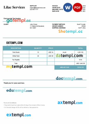 sample USA Lilac Services invoice template in Word and PDF format, fully editable download