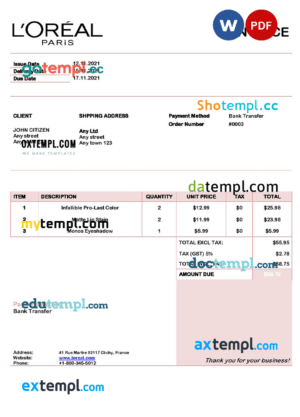 sample USA L’oreal Paris invoice template in Word and PDF format, fully editable download