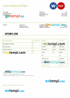 sample USA Louis Salon and Spa invoice template in Word and PDF format, fully editable download