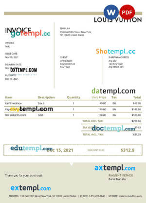 sample USA Louis Vuitton invoice template in Word and PDF format, fully editable download