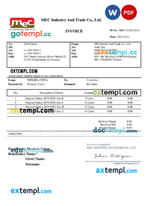 sample USA MEC Industry and Trade Co invoice template in Word and PDF format, fully editable download