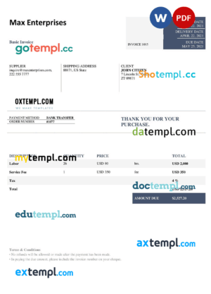 sample USA Massage Center invoice template in Word and PDF format, fully editable download