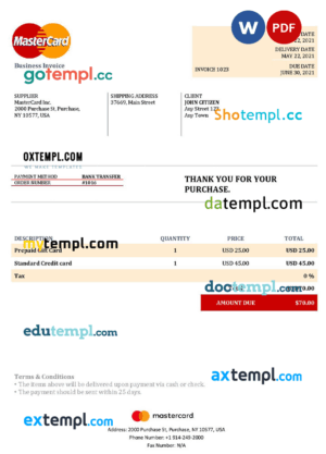 sample USA MasterCard invoice template in Word and PDF format, fully editable download
