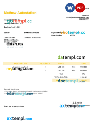 sample USA Mathew Autostation invoice template in Word and PDF format, fully editable download