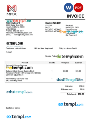 sample USA Max Keyboard Company invoice template in Word and PDF format, fully editable download