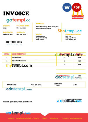 sample USA Mcdonald's invoice template in Word and PDF format, fully editable download