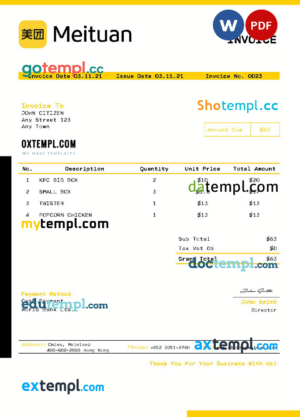 sample USA Meituan invoice template in Word and PDF format, fully editable download