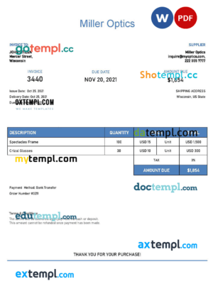 sample USA Miller Optics invoice template in Word and PDF format, fully editable download