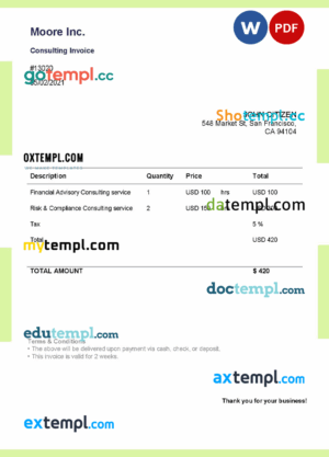 sample USA Moore Inc. invoice template in Word and PDF format, fully editable download