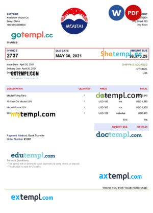 sample USA Moutai invoice template in Word and PDF format, fully editable download