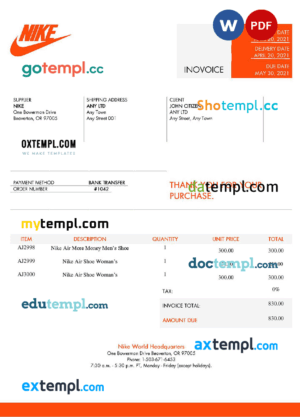 sample USA Nike invoice template in Word and PDF format, fully editable download