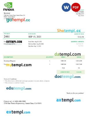 sample USA Nvidia invoice template in Word and PDF format, fully editable download