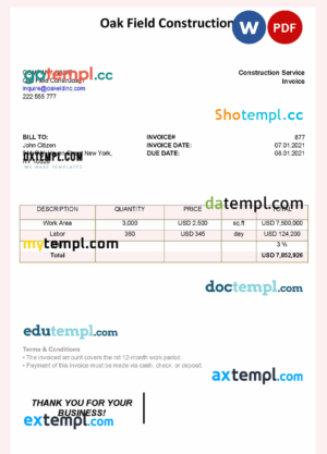 sample USA Oak Field Construction invoice template in Word and PDF format, fully editable download