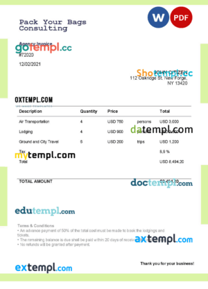 sample USA Pack Your Bags Consulting invoice template in Word and PDF format, fully editable download