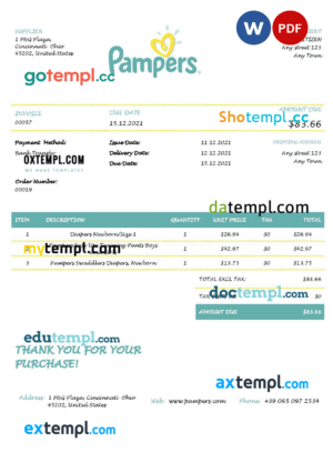 sample USA Pampers invoice template in Word and PDF format, fully editable download