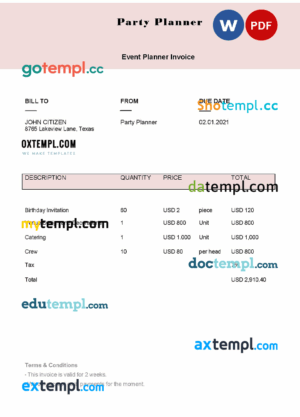 sample USA Party Planner invoice template in Word and PDF format, fully editable download