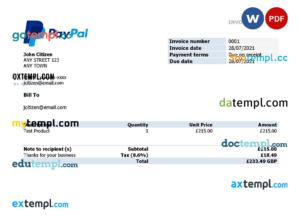 sample USA PayPal invoice template in Word and PDF format, fully editable download