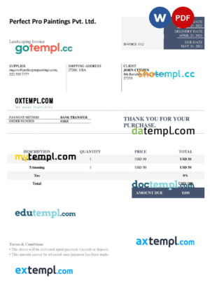 sample USA Perfect Pro Paintings Pvt. Ltd. invoice template in Word and PDF format, fully editable download