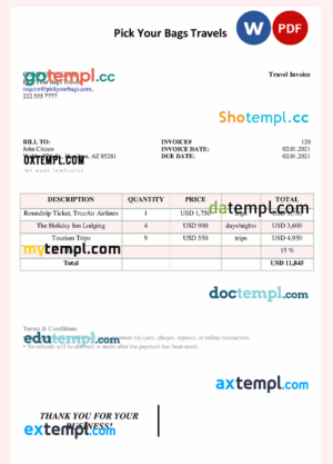 sample USA Pick Your Bags Travels invoice template in Word and PDF format, fully editable download
