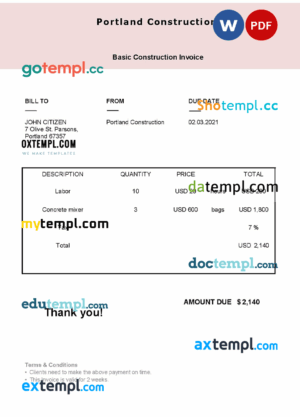 sample USA Portland Construction invoice template in Word and PDF format, fully editable download