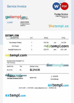 sample USA Prestige Services invoice template in Word and PDF format, fully editable download