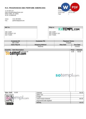 sample USA R.K. Fragrances DBA Perfume Americana invoice Word and PDF template download