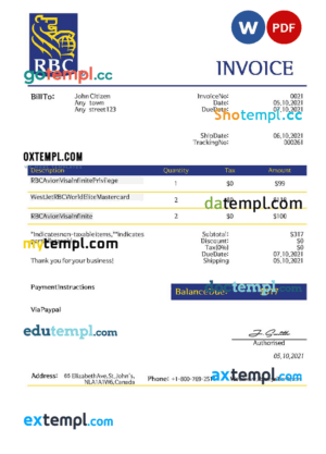 sample USA RBC invoice template in Word and PDF format, fully editable download