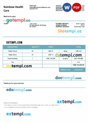 sample USA Rainbow Health Care invoice template in Word and PDF format, fully editable download