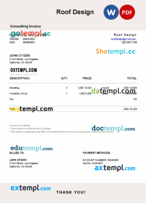 sample USA Roof Design invoice template in Word and PDF format, fully editable download