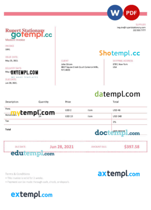 sample USA Rupert Stationary invoice template in Word and PDF format, fully editable download