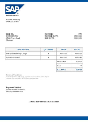 sample USA SAP invoice template in Word and PDF format, fully editable download