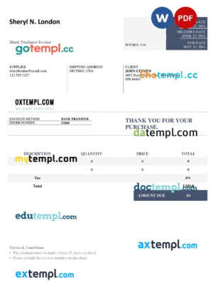 sample USA Sheryl N. London invoice template in Word and PDF format, fully editable download