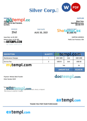 sample USA Silver Corp. invoice template in Word and PDF format, fully editable download