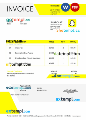 sample USA Snapchat invoice template in Word and PDF format, fully editable download