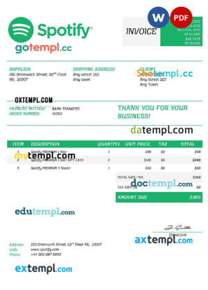 sample USA Spotify invoice template in Word and PDF format, fully editable download
