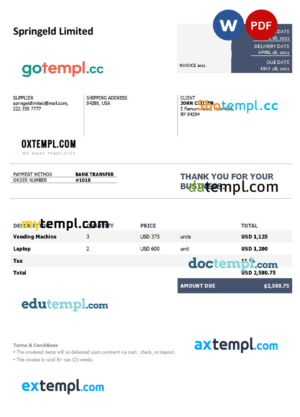sample USA Springeld Limited invoice template in Word and PDF format, fully editable download