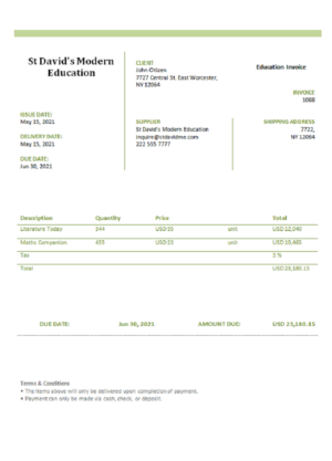 sample USA St David's Modern Education invoice template in Word and PDF format, fully editable download