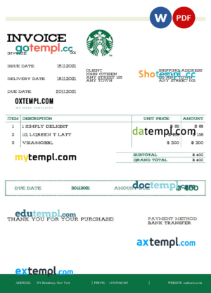 sample USA Starbucks invoice template in Word and PDF format, fully editable download