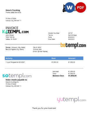 sample USA Steve's Trucking Company invoice template in Word and PDF format, fully editable download