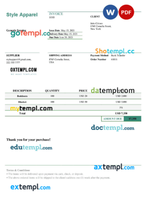 sample USA Style Apparel invoice template in Word and PDF format, fully editable download
