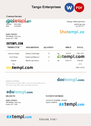 sample USA Tango Enterprises invoice template in Word and PDF format, fully editable download